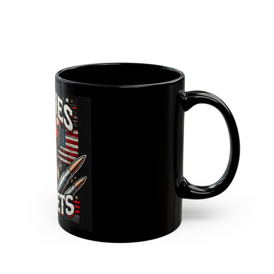Patriotic Black Mug with "Boobies & Bullets" Funny Gift for Gun Lovers, 4th of July, Humor