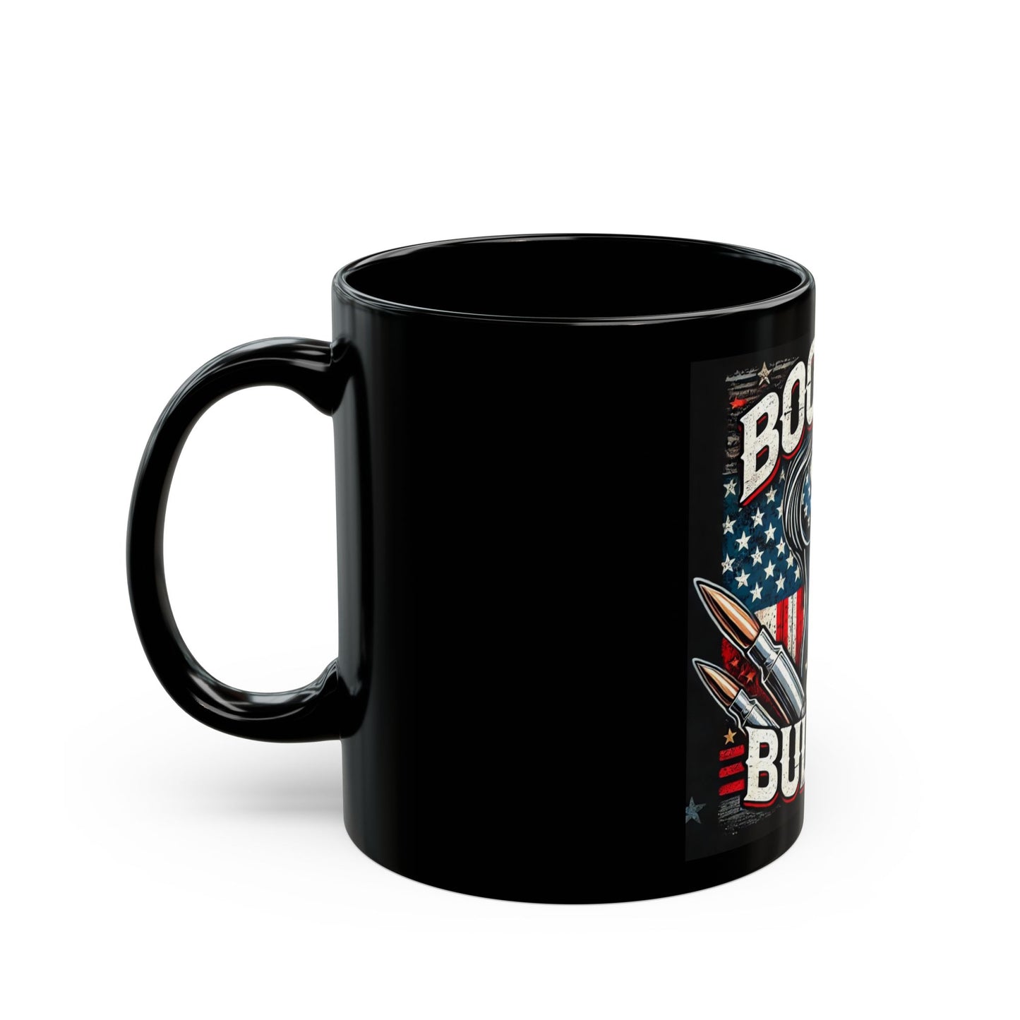 Patriotic Black Mug with "Boobies & Bullets" Funny Gift for Gun Lovers, 4th of July, Humor
