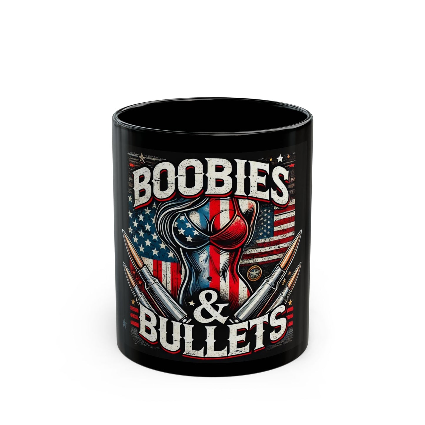 Patriotic Black Mug with "Boobies & Bullets" Funny Gift for Gun Lovers, 4th of July, Humor